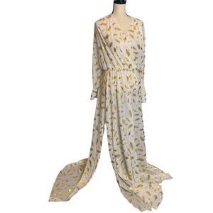 Missord Dress Womens‎ L Split Thigh Maxi Belted Swim Coverup White Gold Feather